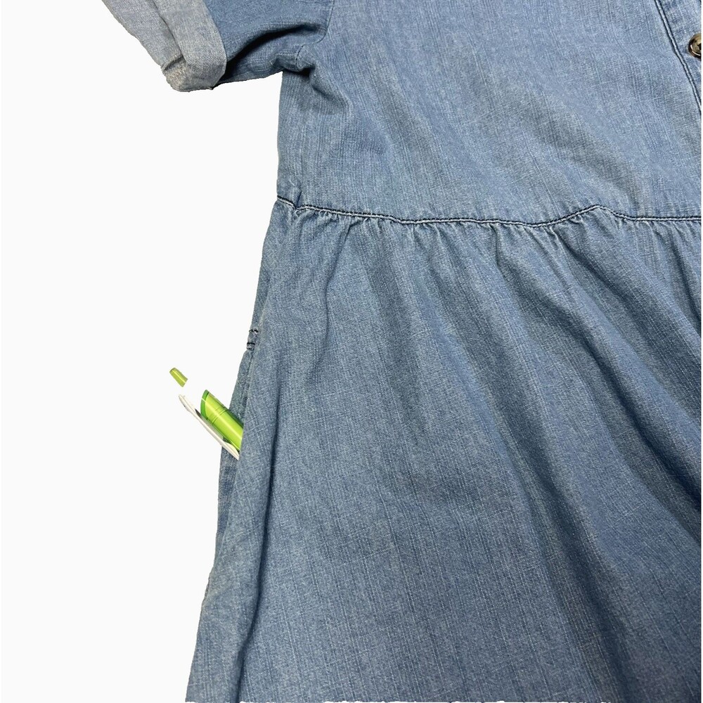 Miou Muse Light Denim Babydoll Dress Cuff Sleeve Tiered Back Button Front Large - Picture 9 of 13